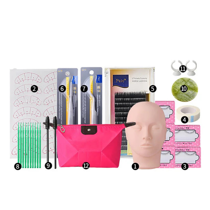 False Eyelash Extension Kit Set for Beginner Lash Brush Tweezers Glue Ring Eye Pad Eyelash Extension Supplies Lash Accessories