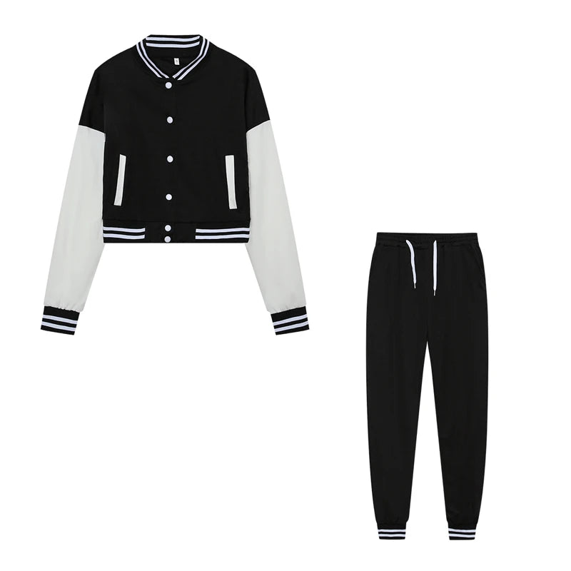 New Women's Stitching Jacket Single-breasted Baseball Sports Two-piece Suit