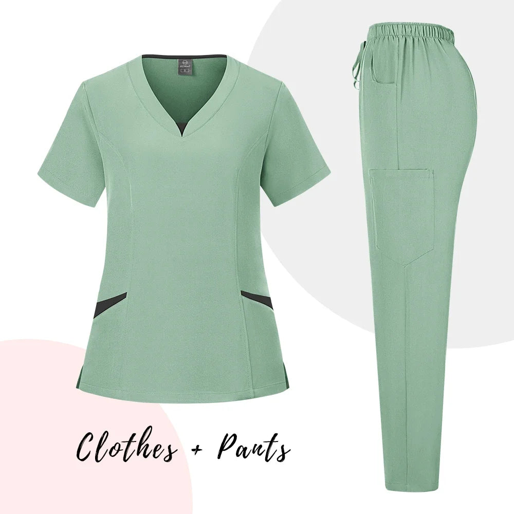 New Scrubs Uniform Suit Short Sleeve V-neck Tops+ Pants Set Nursing Uniform Women Multicolor Pet Doctor Scrub Medical Workwear