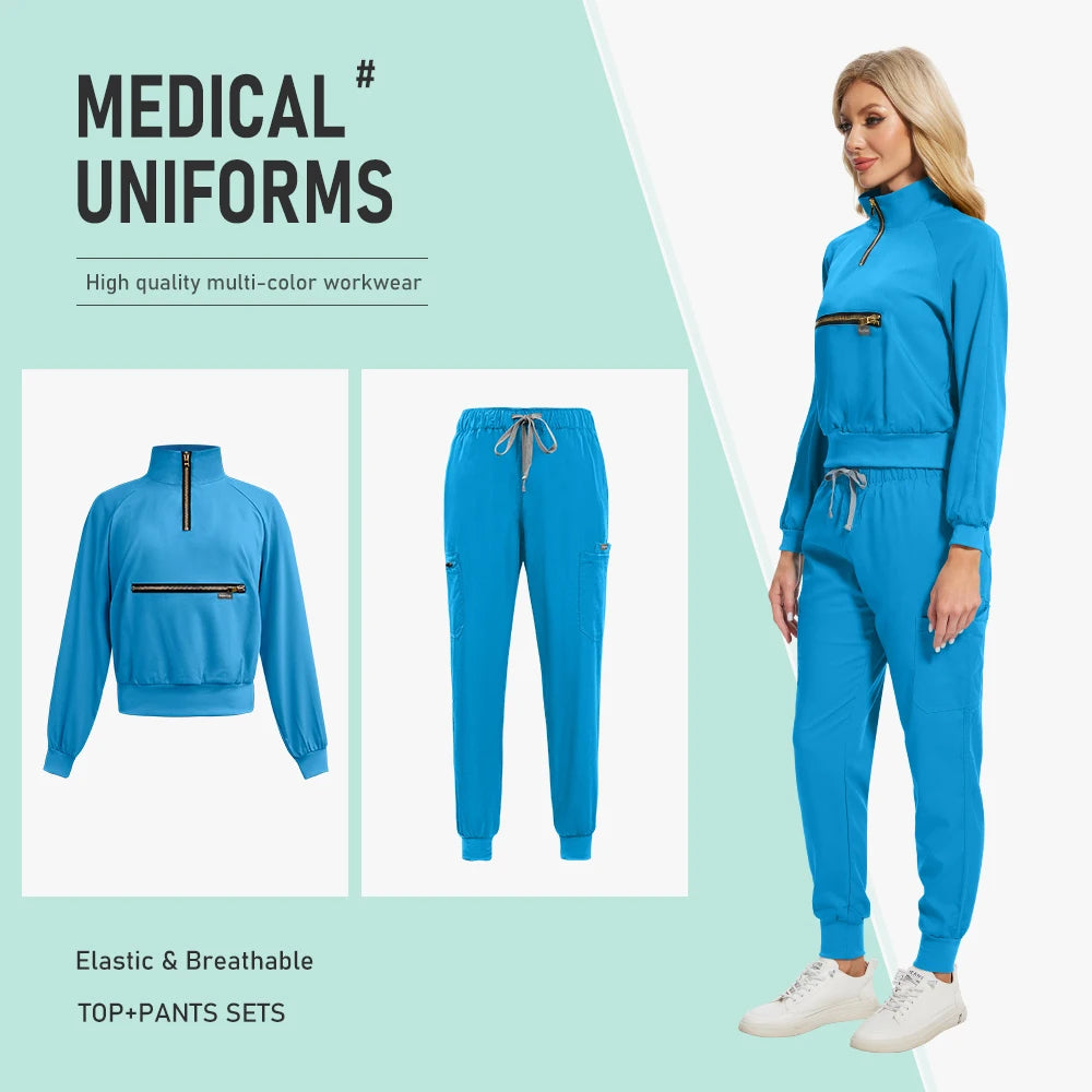 Nurse Nursing Medical Scrub MultiColor Jogging Pants Set Long Sleeved Jacket Workwear Set Hospital Clinical Uniform Woman Female