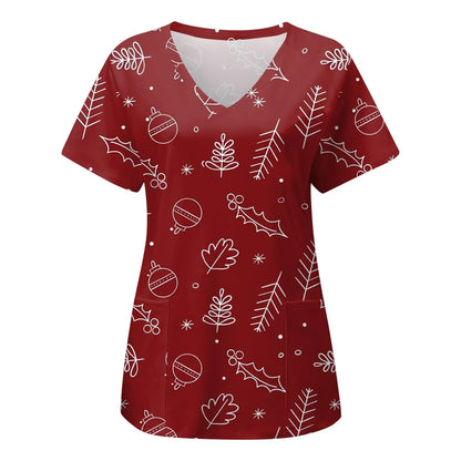 Nurse Uniforms Women Merry Christmas Print Short Sleeve Stitch Scrubs Working Medical Blouse Overalls Uniforms Medical Nursing