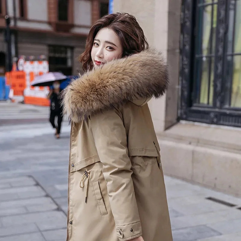 Winter Jacket New Women Parka Clothes Long Coat Wool Liner Hooded Jacket Fur Collar Thick Warm Snow Wear Padded Parka