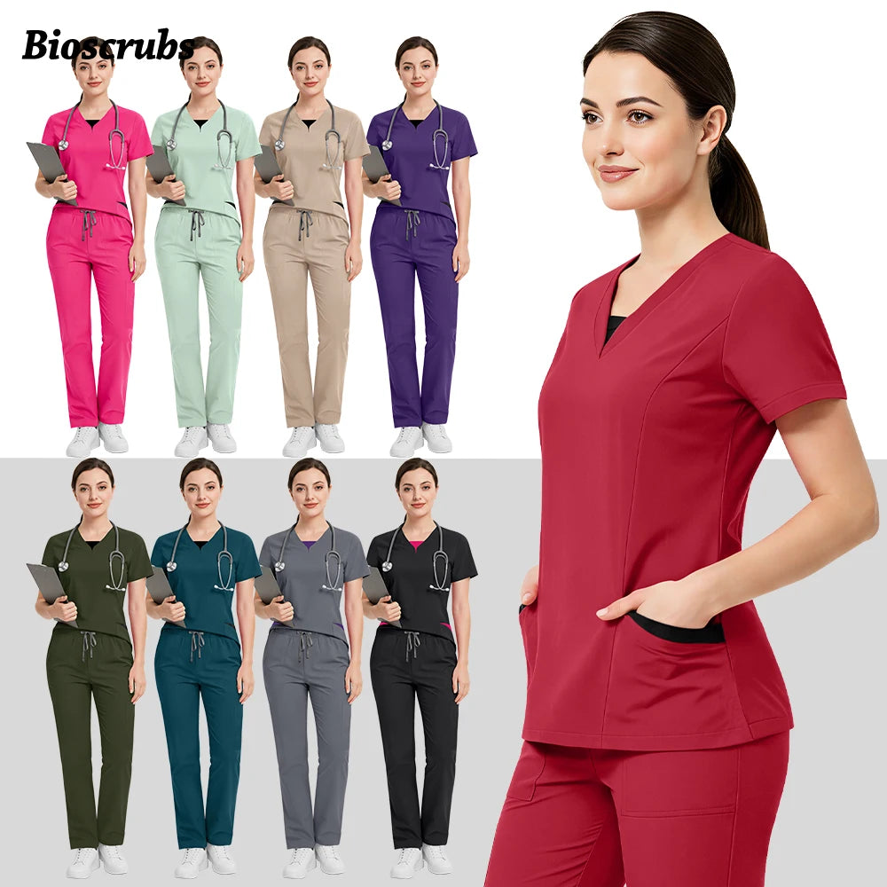 Medical Uniforms for V-neck Hospital Nurse Scrubs Set Women Doctor Workwear Oral Dental Surgery Work Top+Pants New Beauty Suit