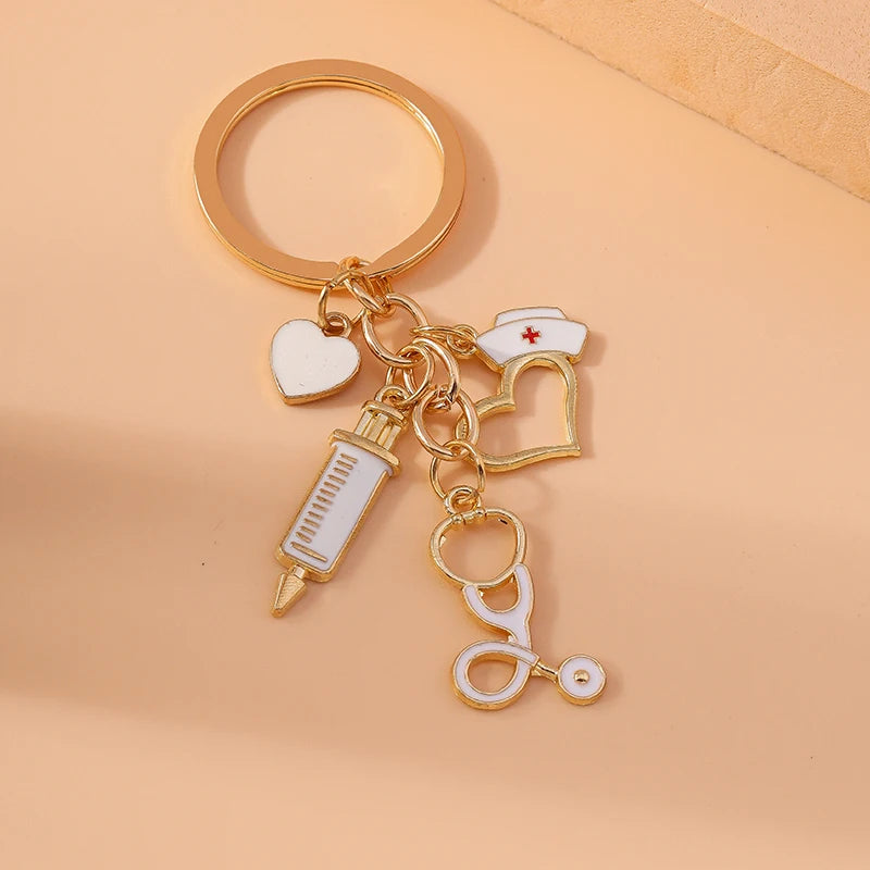 Cute Enamel Doctors Medical Stethoscope Syringe Keychain Nurse Hat Key Rings for Men Women Handbag Pendants DIY Jewelry Gift