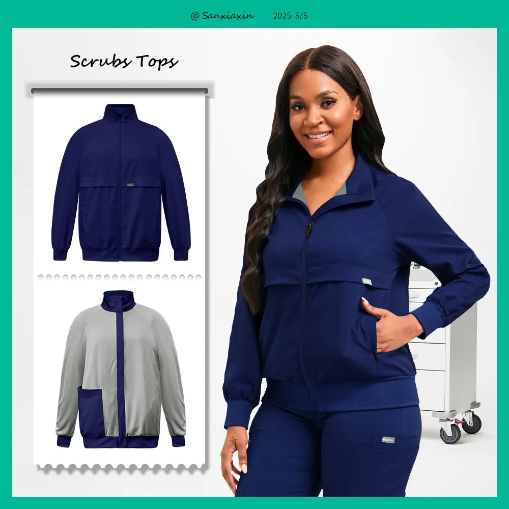 Long Sleeved Medical Scrub Jacket Pharmacy Uniform Women Solid Nurse Hospital Scrub Coat Surgical Uniforms Beauty Salon Workwear