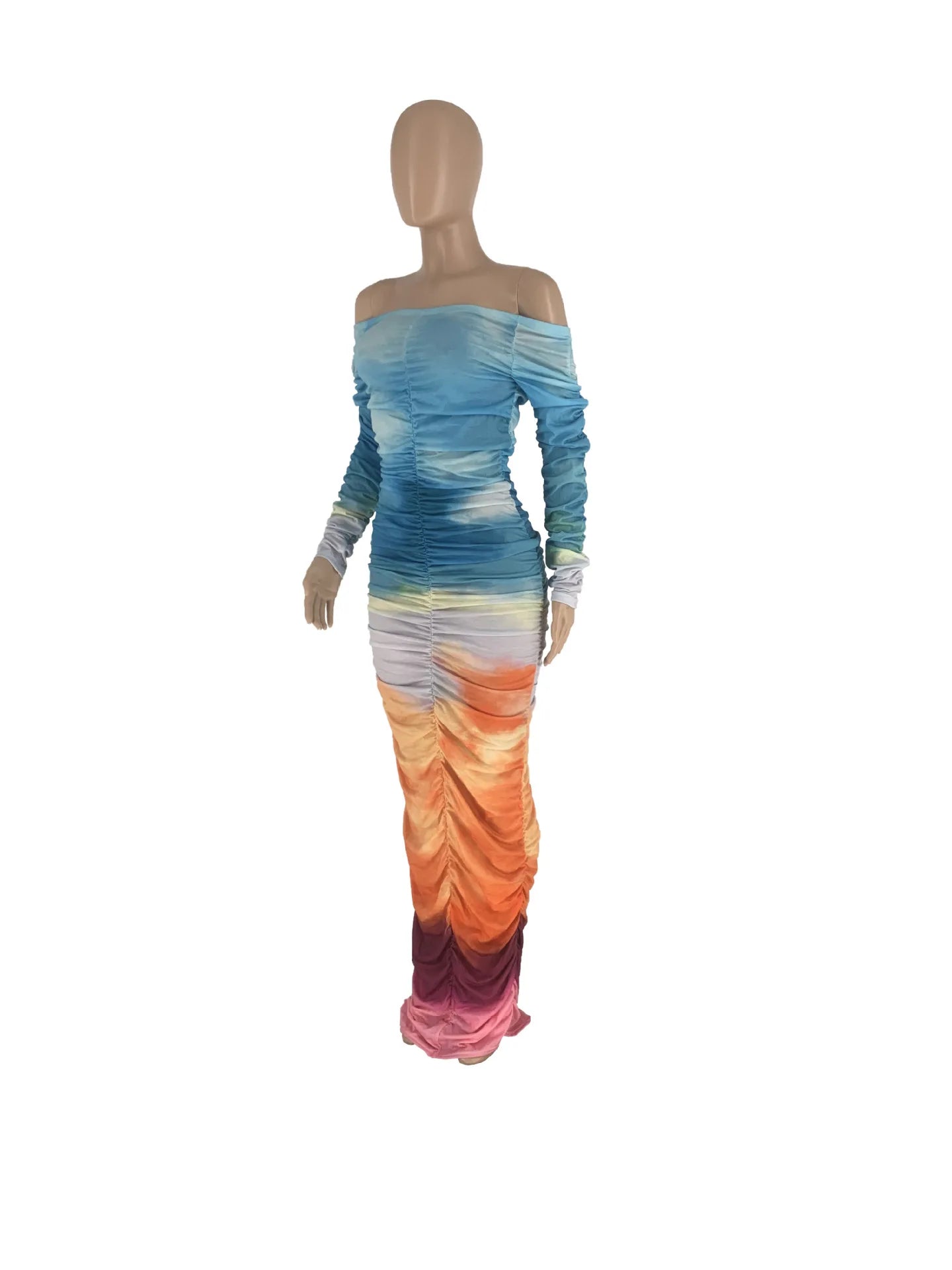 CM.YAYA Women Gradient Tie Dye Printed Off Shoulder Long Sleeve Maxi Long Midi Bodycon Ruched Dress 2023 Sexy Party Club Dresses