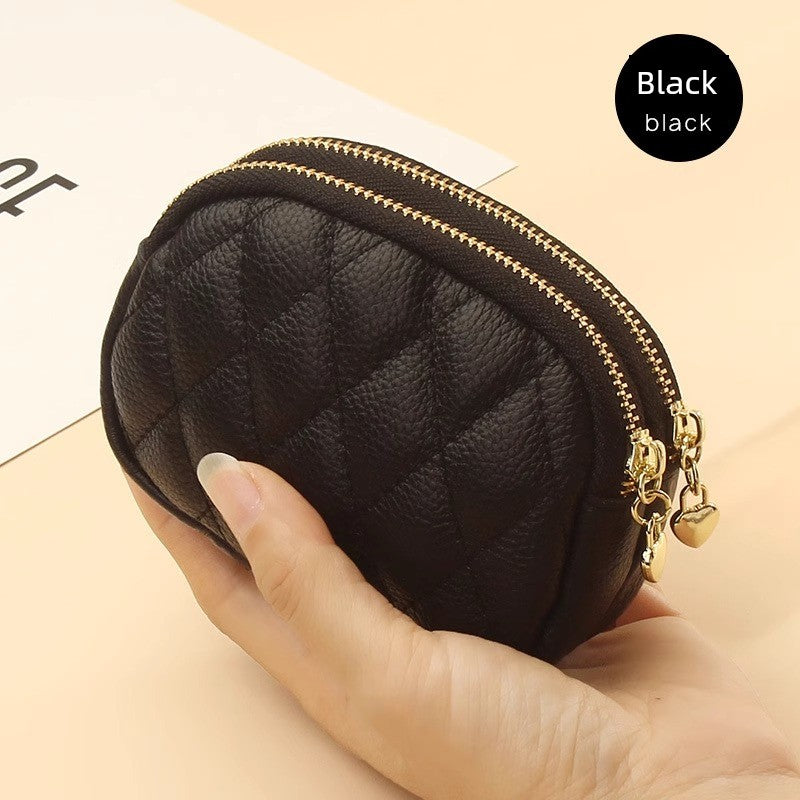 2024 New Arrival First Layer Cowhide Quilted Embroidery Thread Key Ring Buckle Coin Bag Double Layer Zipper Genuine Leather Mini Purse Women