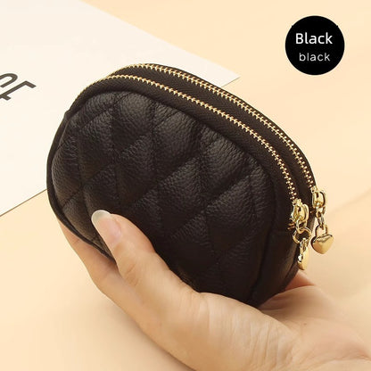 2024 New Arrival First Layer Cowhide Quilted Embroidery Thread Key Ring Buckle Coin Bag Double Layer Zipper Genuine Leather Mini Purse Women