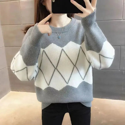Sweater Women's Autumn and Winter New Warmth Thick Knitted Sweater Color-blocking Slim Base Shirt Top Base Shirt