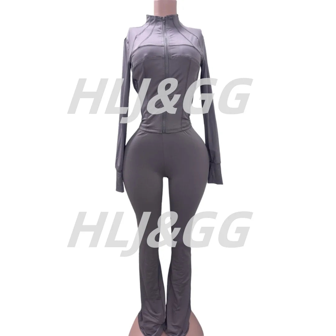 HLJ&GG Casual Solid Sporty Two Piece Sets Women Zipper Long Sleeve Slim Top And Skinny Pants Outfits Spring New 2pcs Tracksuits