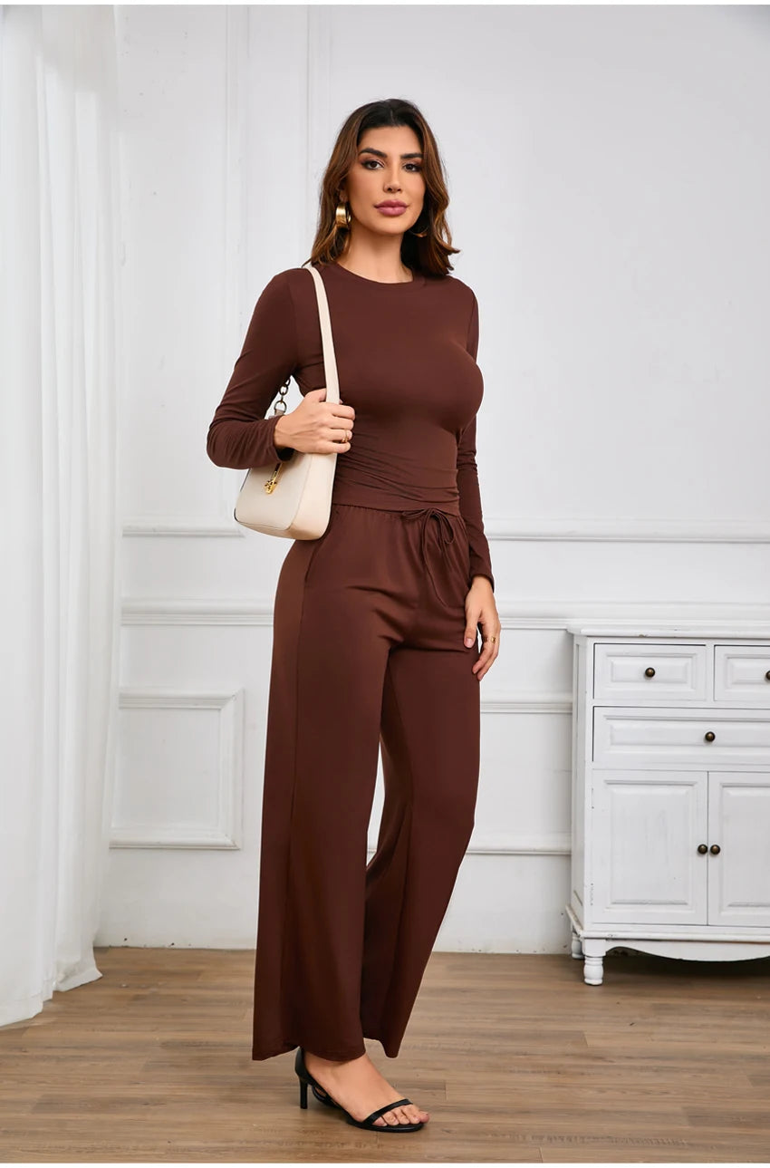Autumn Winter Trend Fashion Women's Two Pieces Set Solid Casual O Neck Long Sleeve T-shirts & High Waist Wide Leg Pants Sets