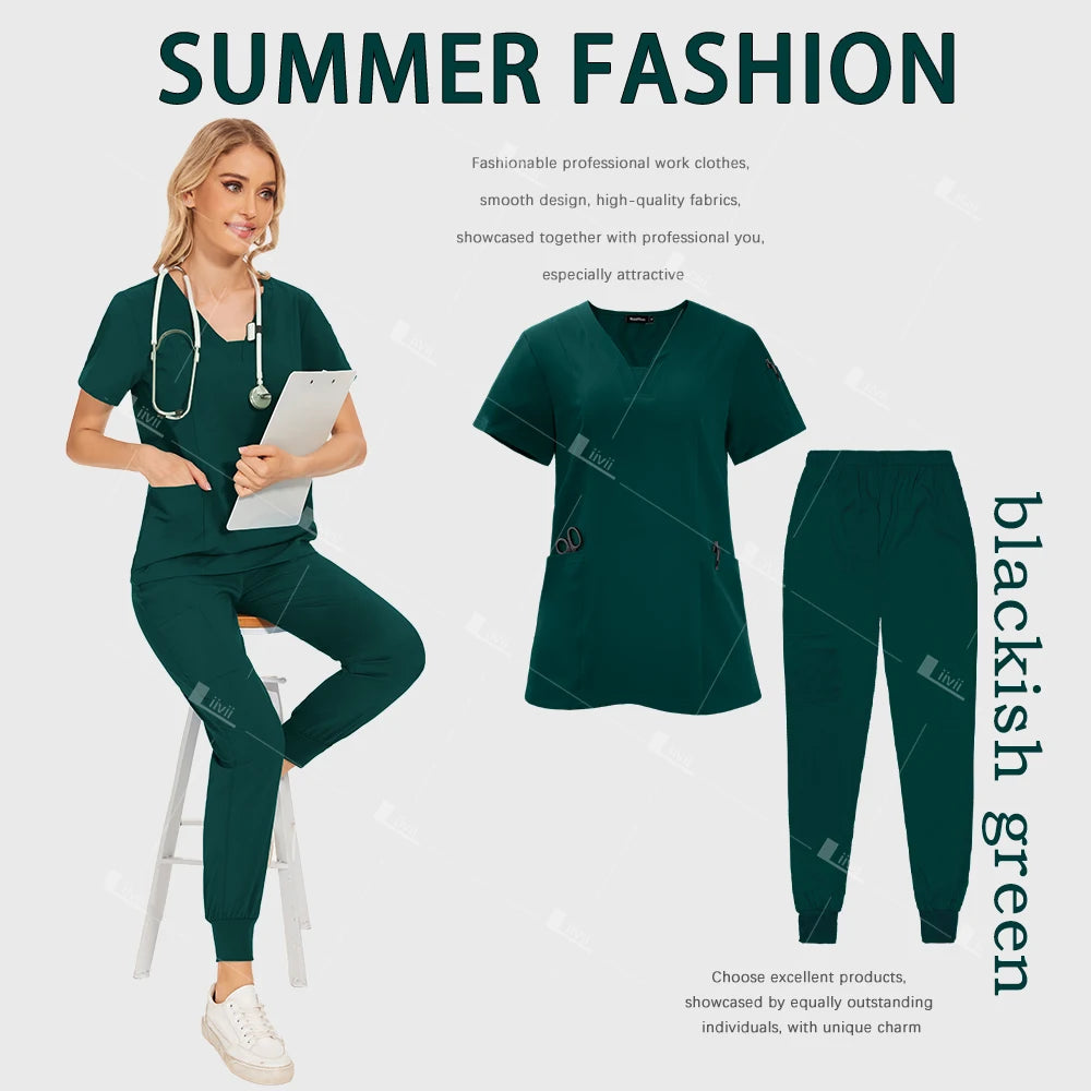Medical Scrub Set Women Wholesale Hospital Doctor Dentist Work Clothes Surgical Scrub Top Jogging Pants Multicolor Nurse Uniform