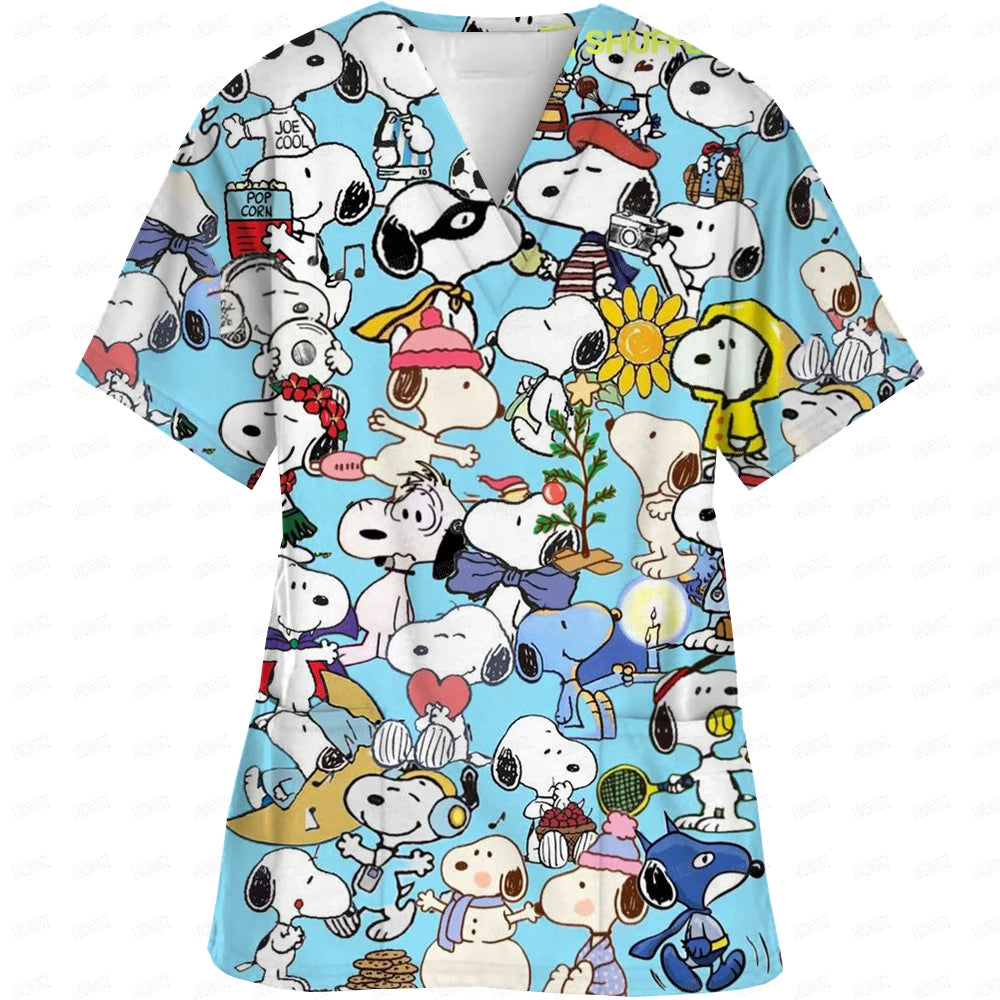 Snoopy print Working Nurse Uniform Women Short Sleeve Pocket Blouse Scrubs Tops Nursing Medical Accessories oversized tshirt