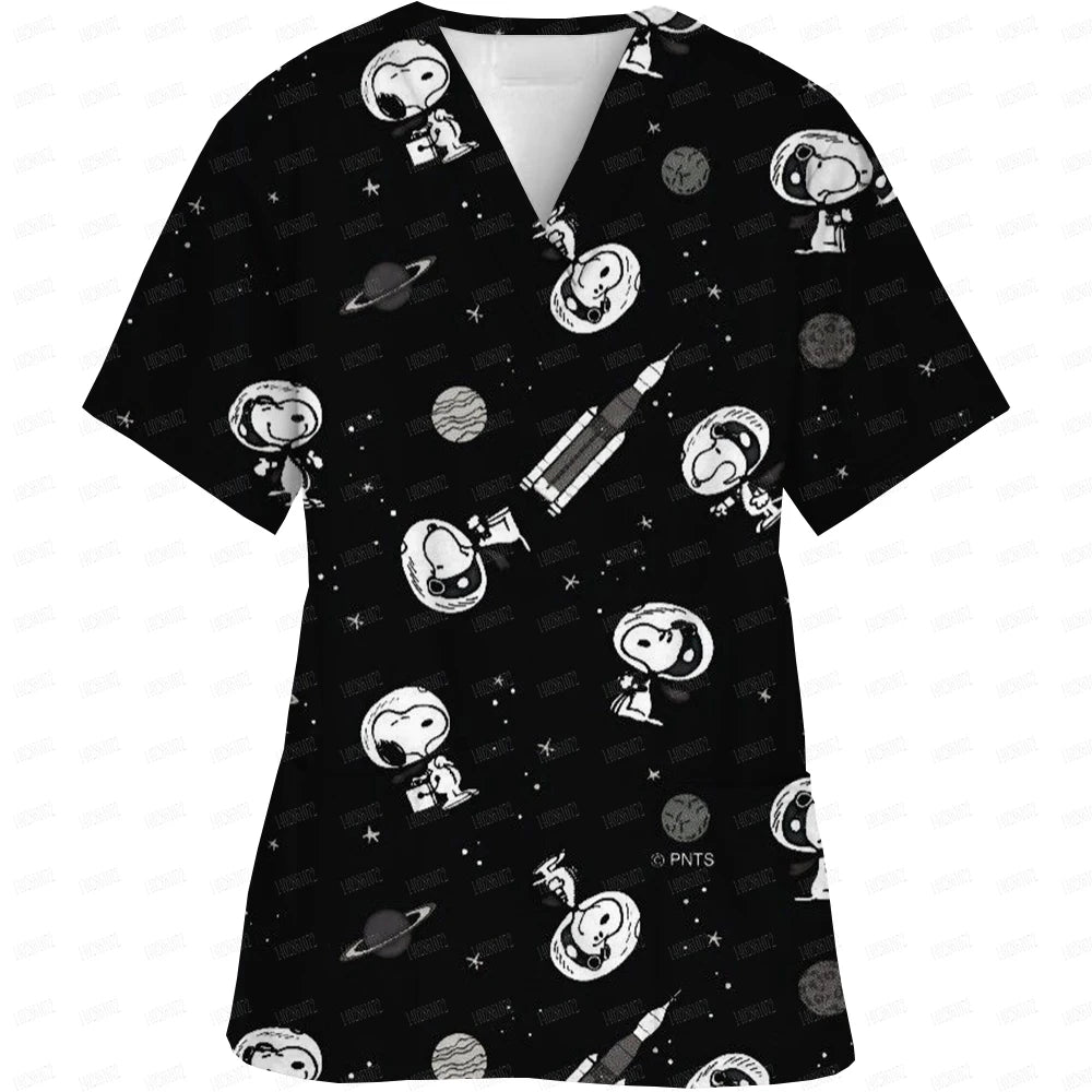 Snoopy print Working Nurse Uniform Women Short Sleeve Pocket Blouse Scrubs Tops Nursing Medical Accessories oversized tshirt