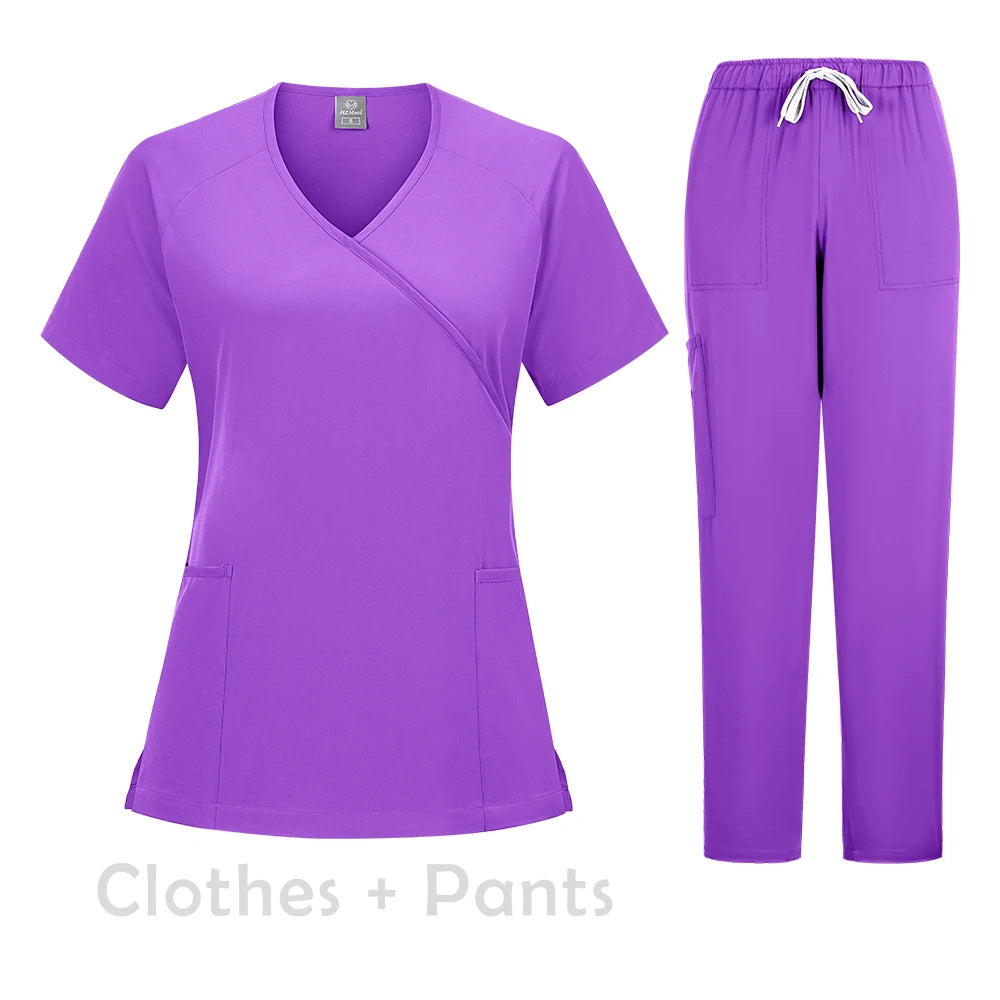New Scrubs Set Medical Uniforms Stretch Scrub Tops with Pocket Pants Nurse Uniform Doctor Surgery Overalls Beauty Salon Workwear