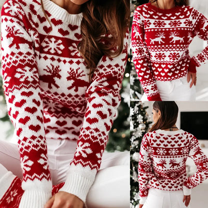 New Winter Christmas Women Sweaters Pullover Tops Casual Long Sleeve Print Knitted Sweater Women Clothes