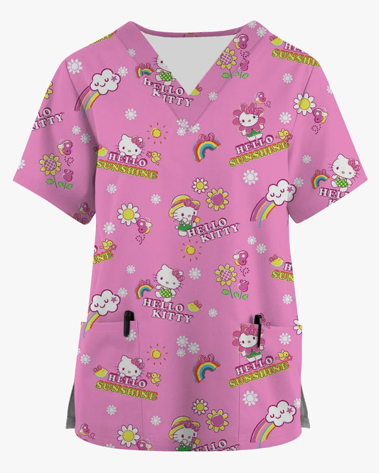 Nurse uniforms, summer women's short-sleeved Hello Kitty print work clothes tops, nursing medical uniforms, surgical clothes