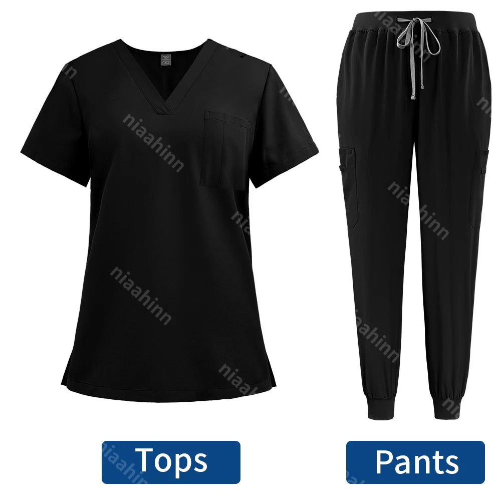 Niaahinn Surgical Uniforms Women Scrub Set Medical Nursing Workwear Dental Clinic Doctor Scrubs Tops+Pants Spa Work Unifrom Suit
