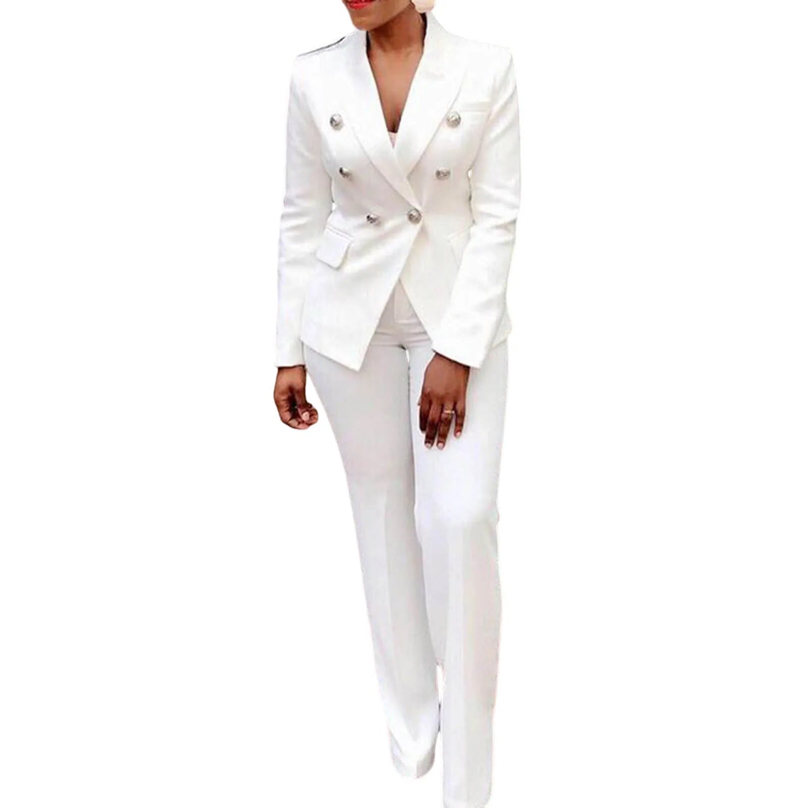 2Pcs/Set Chic Straight Office Blazer Pants Set Double Breasted Formal Pure Color Lapel Lady Blazer Trousers Suit Workwear