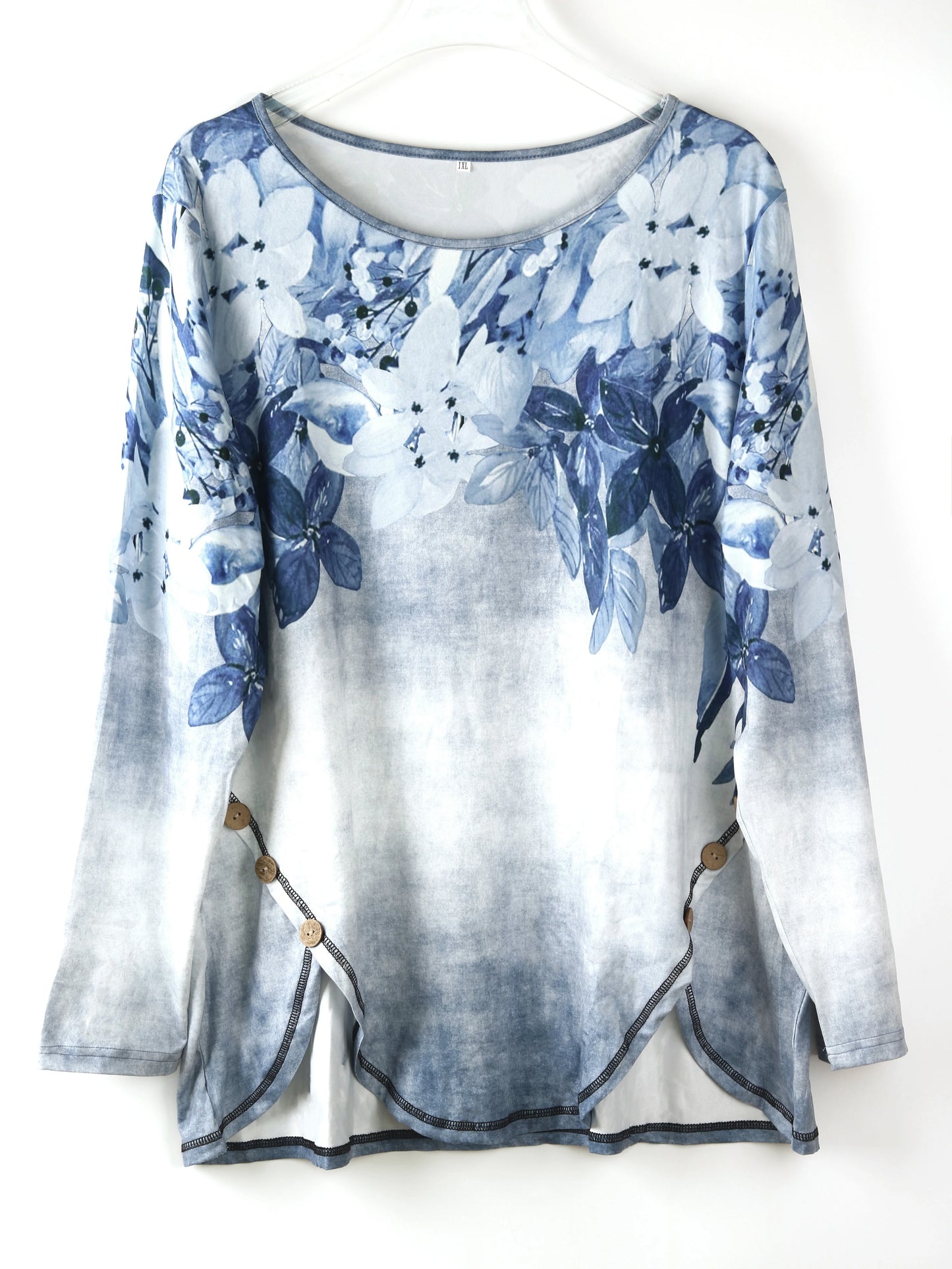 Women's Plus Size Stylish Floral Print Stylish Casual Top with Button Accent Long Sleeve T-Shirt for Spring & Fall-Comfortable