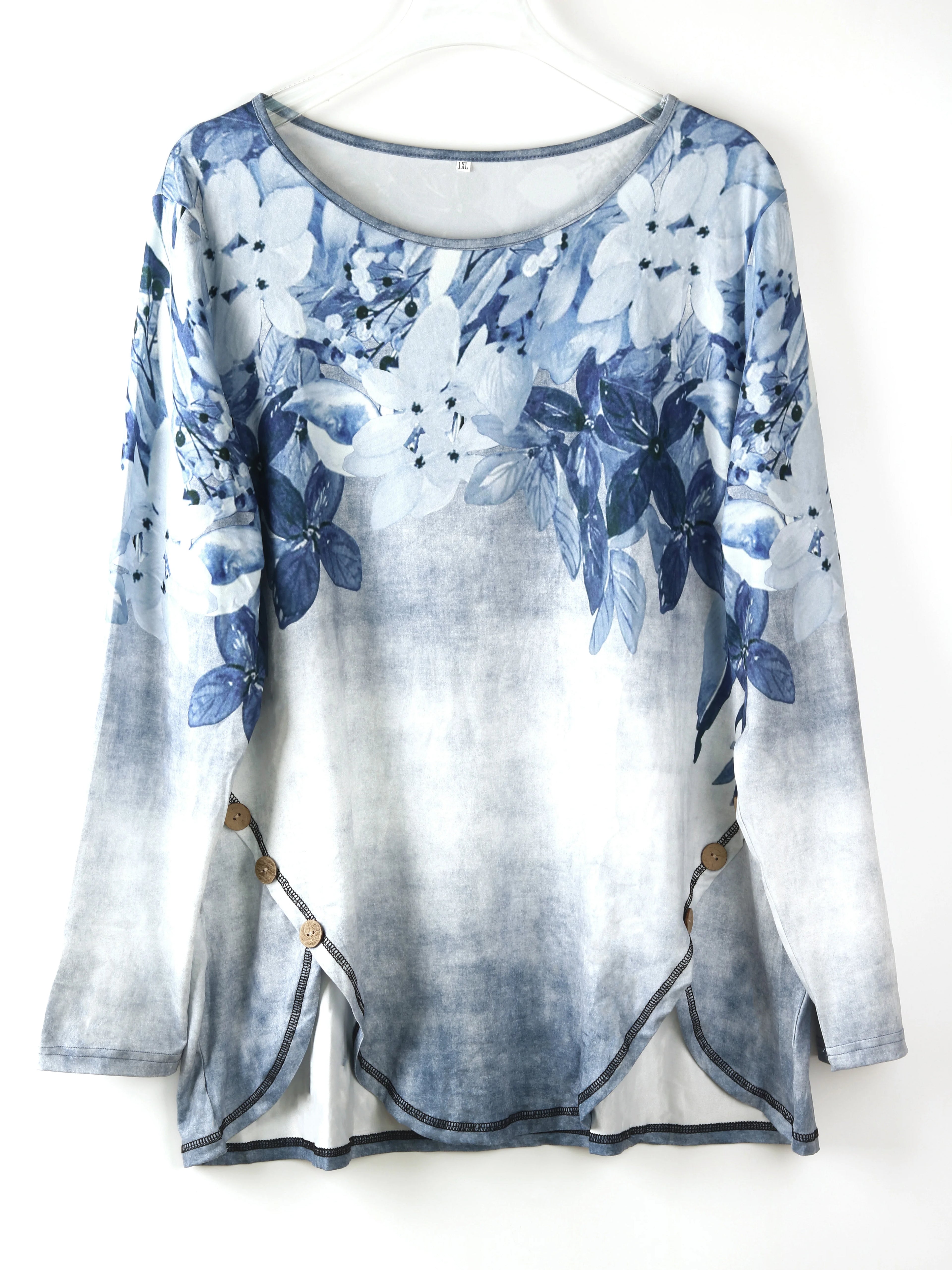 Women's Plus Size Stylish Floral Print Stylish Casual Top with Button Accent Long Sleeve T-Shirt for Spring & Fall-Comfortable