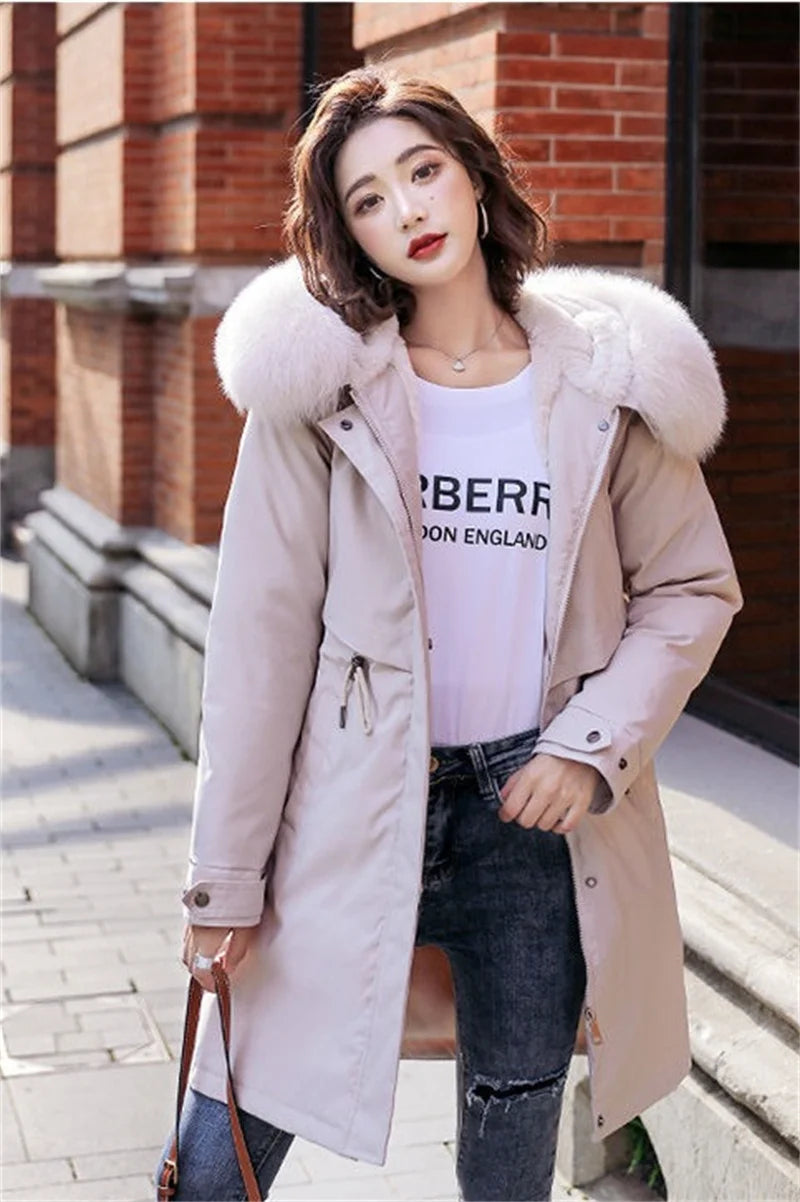 Winter Jacket New Women Parka Clothes Long Coat Wool Liner Hooded Jacket Fur Collar Thick Warm Snow Wear Padded Parka