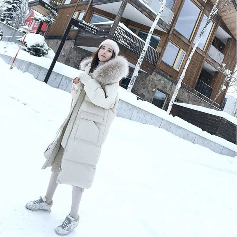 Winter Down Cotton Jacket Women's Winter Hooded Faux Fur Collar Coat Warm Parkas Snow Outwear Oversized Long Winter Jacket