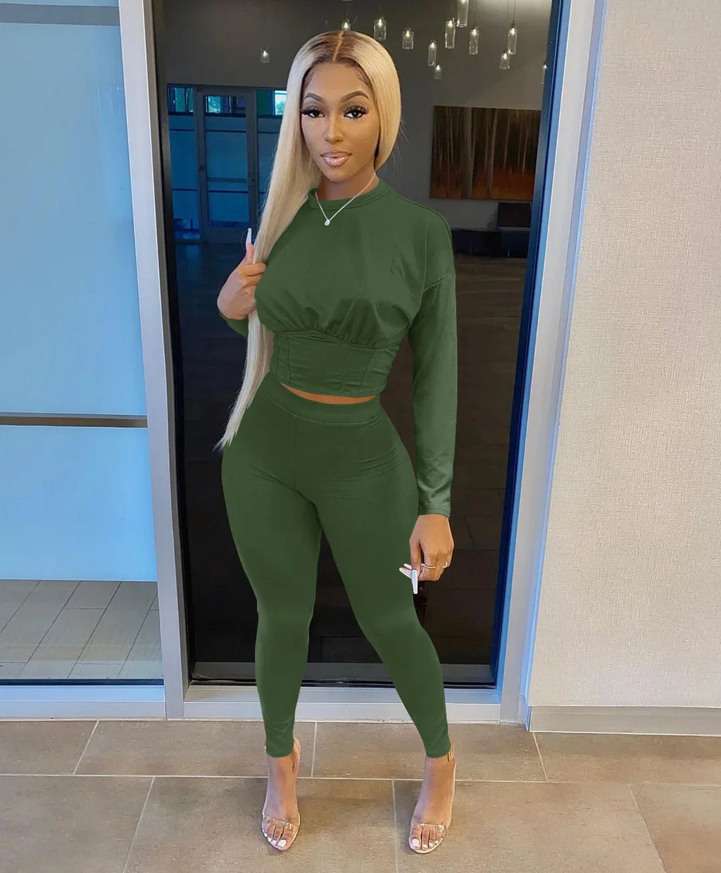 New Autumn Women's Pure Color Sports Waist Suit Fashion Casual Two-piece Set