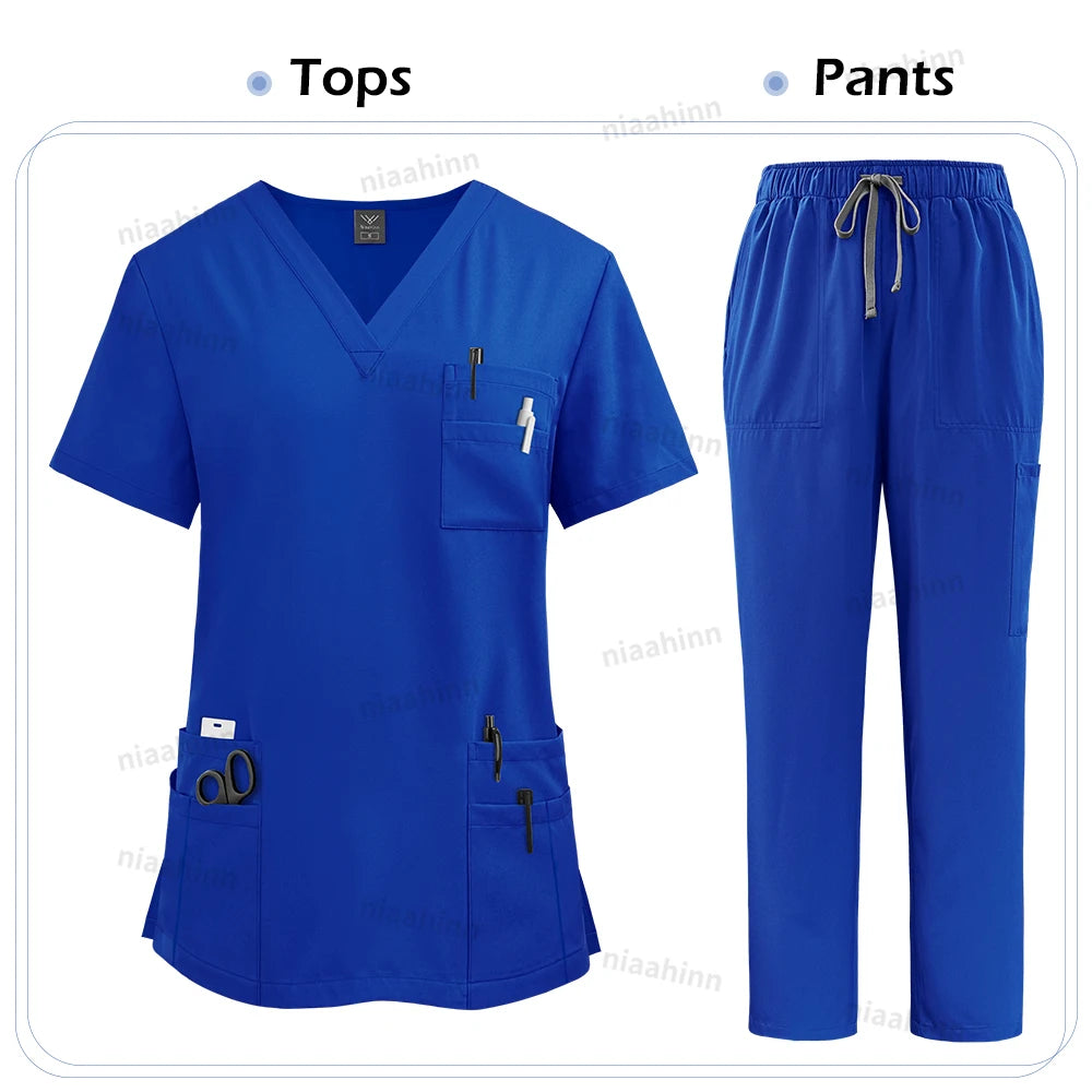 Elastic Scrub Set Operating Room Surgical Uniform Dental Veterinary Work Uniforms V-neck Short Sleeved Tops Pants Suit Wholesale