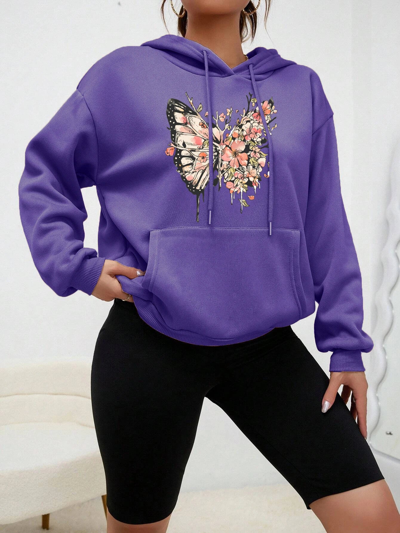 Half Butterfly Other Flower Prints Hoody Women Personality Cartoons Hoodie Fashion Fleece Pullovers Hip Hop Warm Clothes  Female