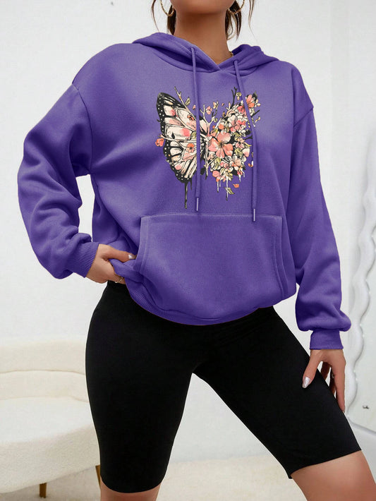 Half Butterfly Other Flower Prints Hoody Women Personality Cartoons Hoodie Fashion Fleece Pullovers Hip Hop Warm Clothes  Female
