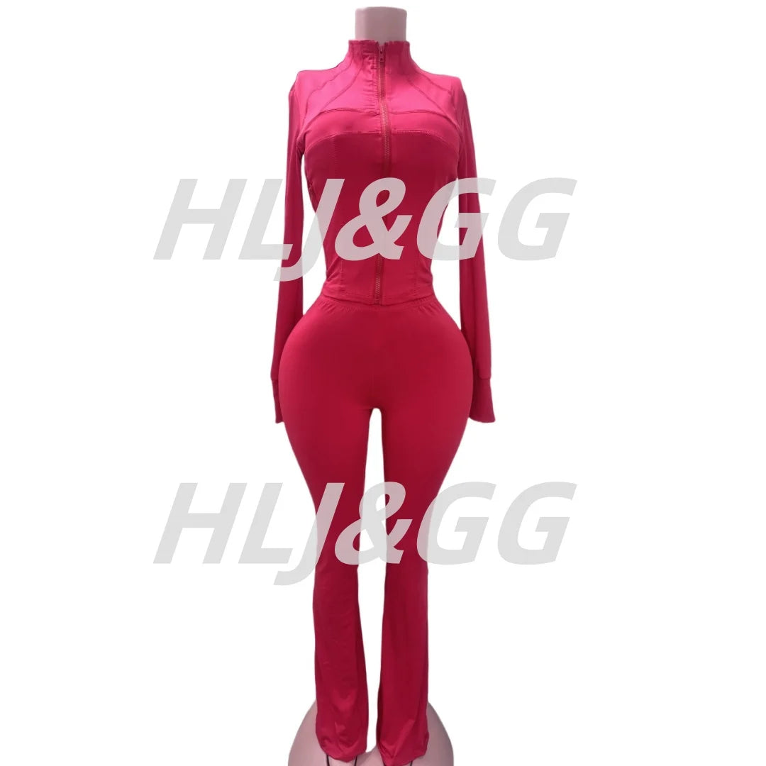 HLJ&GG Casual Solid Sporty Two Piece Sets Women Zipper Long Sleeve Slim Top And Skinny Pants Outfits Spring New 2pcs Tracksuits