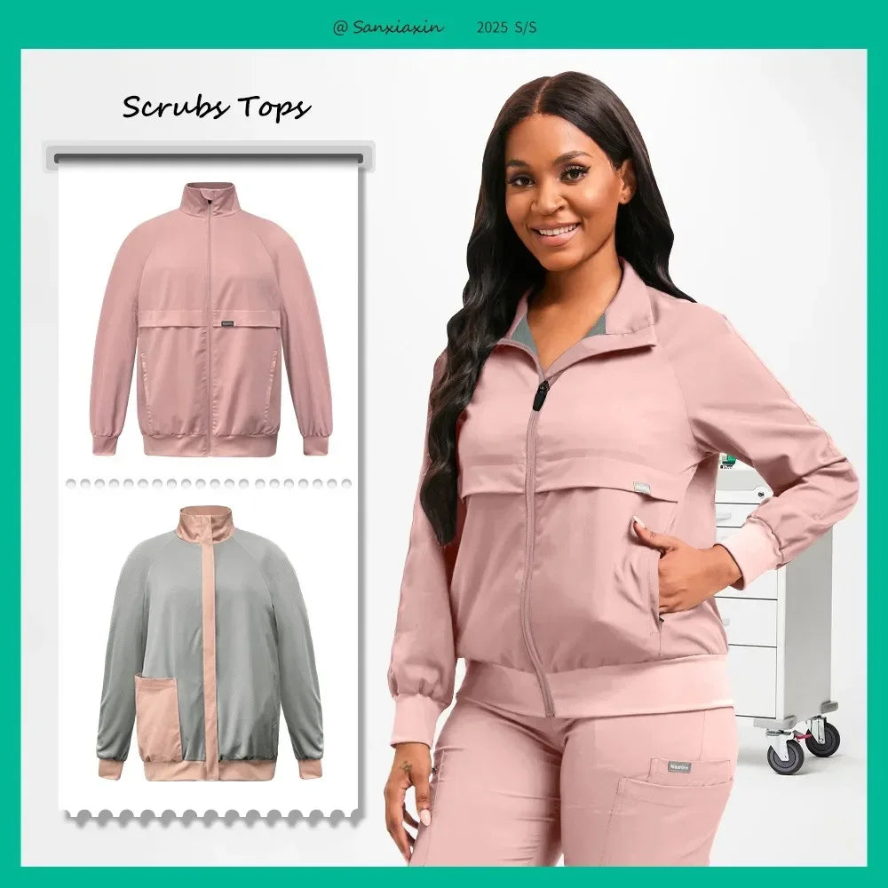 Long Sleeved Medical Scrub Jacket Pharmacy Uniform Women Solid Nurse Hospital Scrub Coat Surgical Uniforms Beauty Salon Workwear