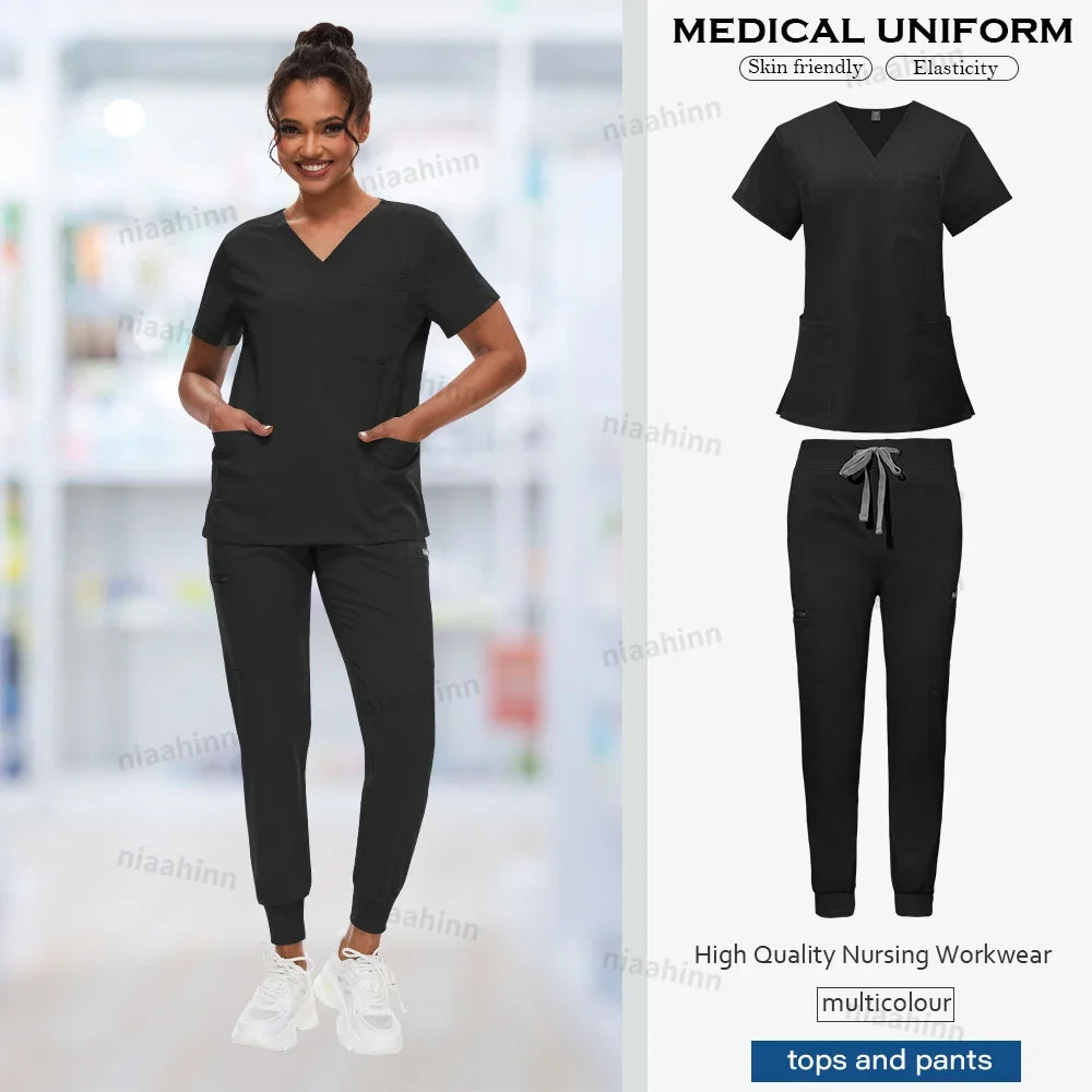 Doctor Nursing Uniforms Multicolour Jogger Suit V-neck Tops Pocket Pants Nurse Scrubs Set New Medical Clinical Clothes Women Men