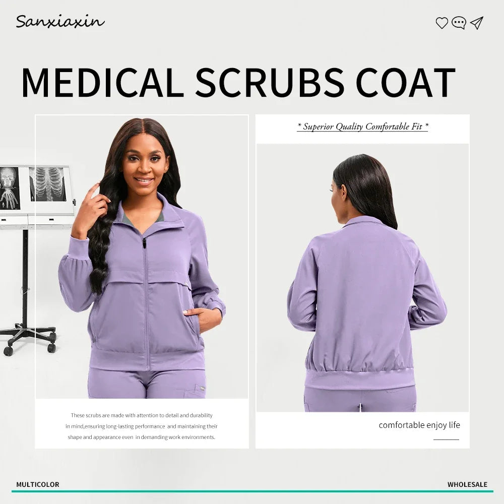 Long Sleeved Medical Scrub Jacket Pharmacy Uniform Women Solid Nurse Hospital Scrub Coat Surgical Uniforms Beauty Salon Workwear