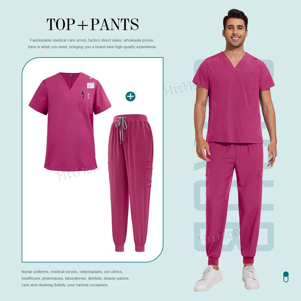 Scrubs Set Men Medical Uniforms Stretch Scrub Tops with Pocket Pants Nurse Uniform Doctor Surgery Overalls Beauty Salon Workwear