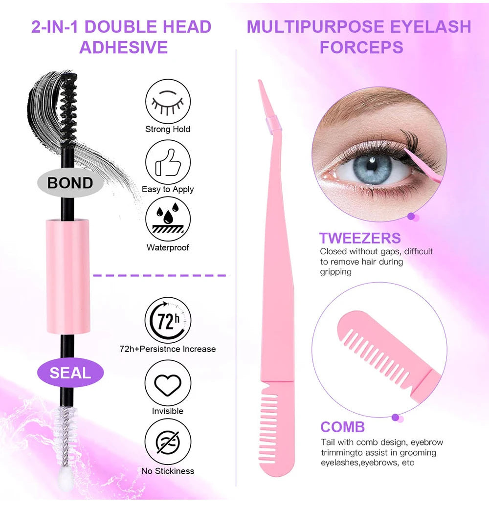 DIY Eyelash Extension Kit, 280 PCS Clusters Slender Stems, Super Fixed Mascara Brush Bond and Seal Eyelash Glue and Eyel