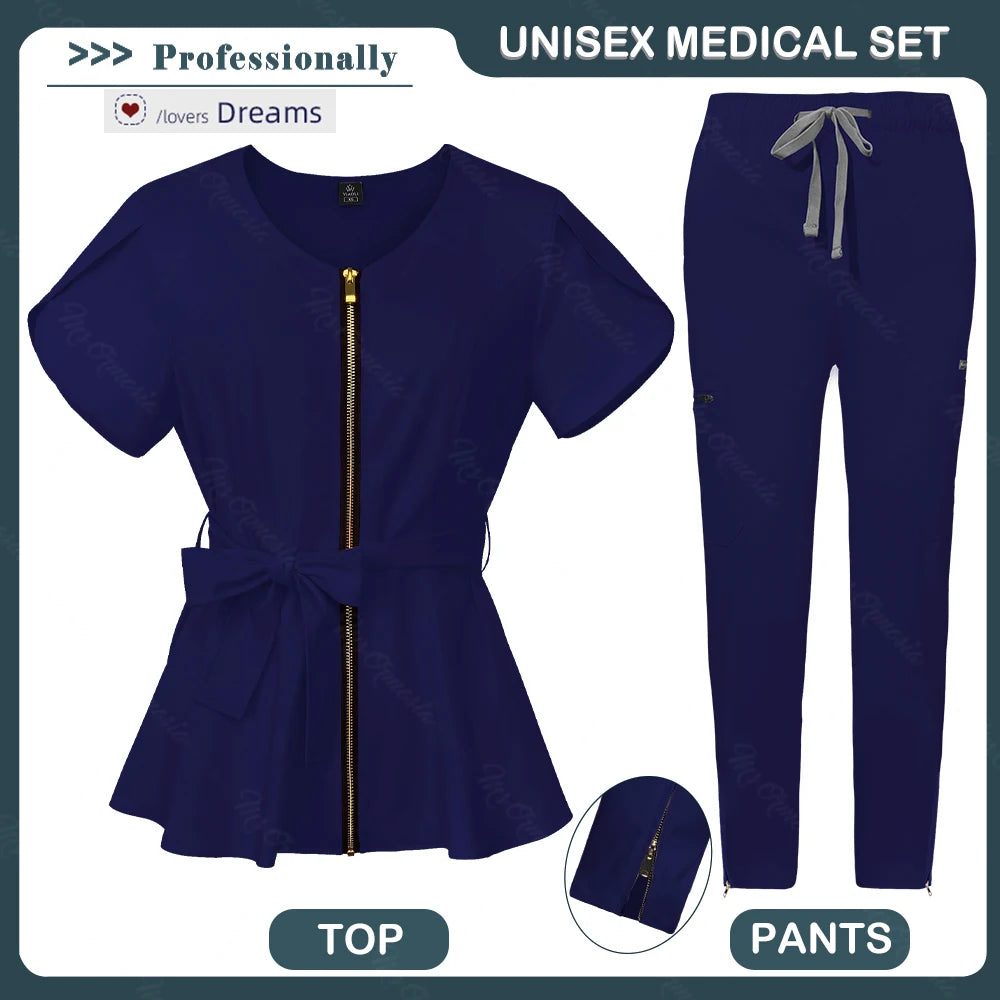 Women Scrubs set,zipper collar beauty clothes,high quality anti wrinkle medical uniforms,soft comfortable fashion nurse workwear