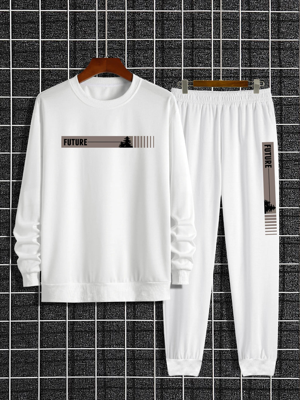 Men's Autumn and Winter Set With Future Print Casual Long Sleeve Pants Two-pieces Suit Comfortable Sportswear Suit Crew Neck