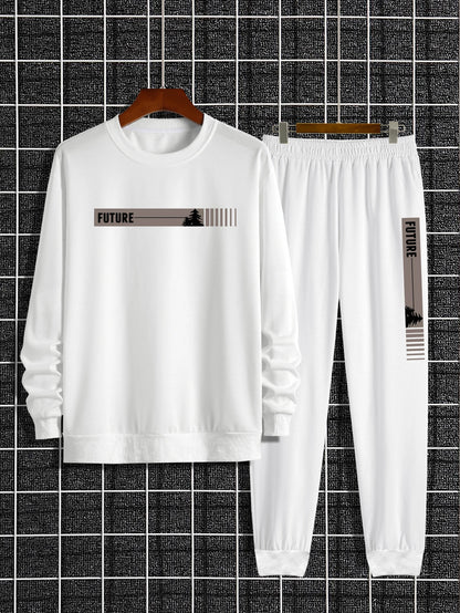 Men's Autumn and Winter Set With Future Print Casual Long Sleeve Pants Two-pieces Suit Comfortable Sportswear Suit Crew Neck