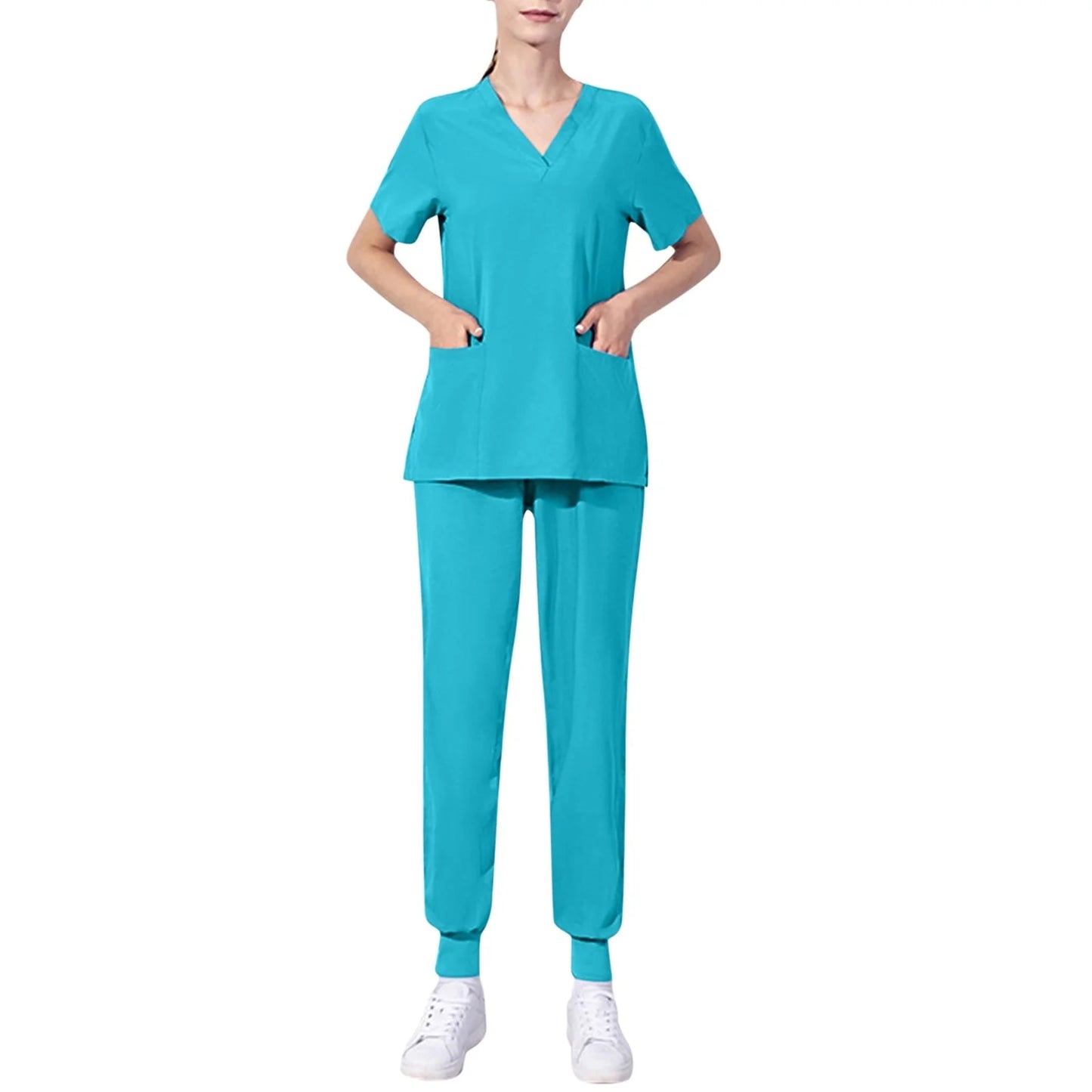 Nursing Uniforms Two Piece Unisex Shorts Scrub Sets Sleeve Pocket Top Tee Loose Pants Beauty Salon Workwear Overalls Plus Size
