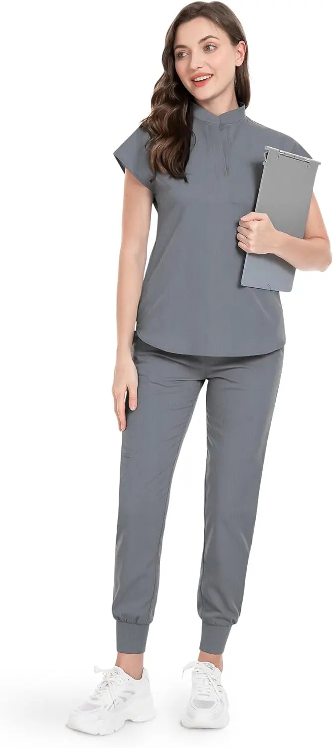 niaahinn Scrubs Set for Women Nurse Uniform Jogger Suit Stretch Top & Pants with Multi Pocket for Nurse Esthetician Workwear