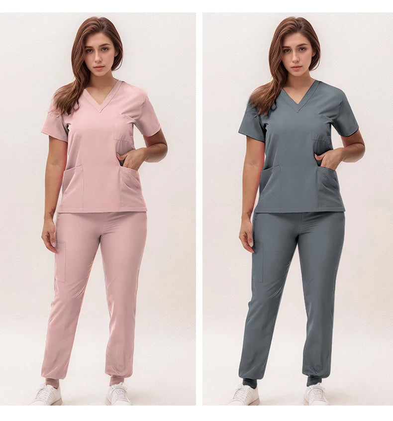 Short Sleeves Nurse Uniforms V-neck Top Jogger Pants  Women Surgical Scrubs Dentist Nursing Suit Pet Hospital Doctor Outfit S21
