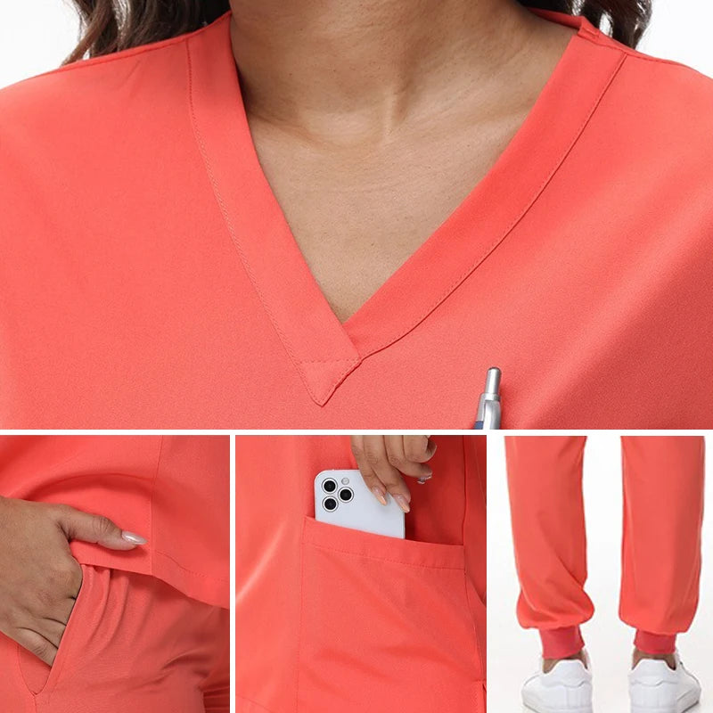 Short Sleeves Nurse Uniforms V-neck Top Jogger Pants  Women Surgical Scrubs Dentist Nursing Suit Pet Hospital Doctor Outfit S21