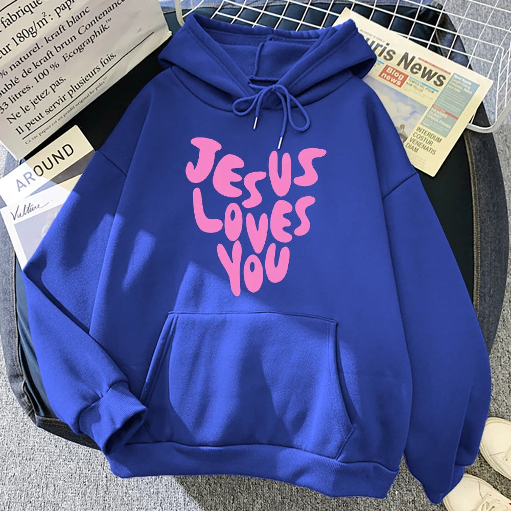 Jesus Loves Me Letter Funny Prints Hoodies Women Autumn Warm Sweatshirt Fleece All-Match Clothes Pocket Oversized Hoody