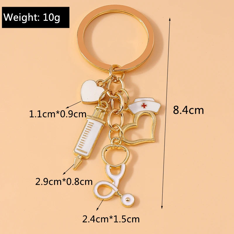 Cute Enamel Doctors Medical Stethoscope Syringe Keychain Nurse Hat Key Rings for Men Women Handbag Pendants DIY Jewelry Gift