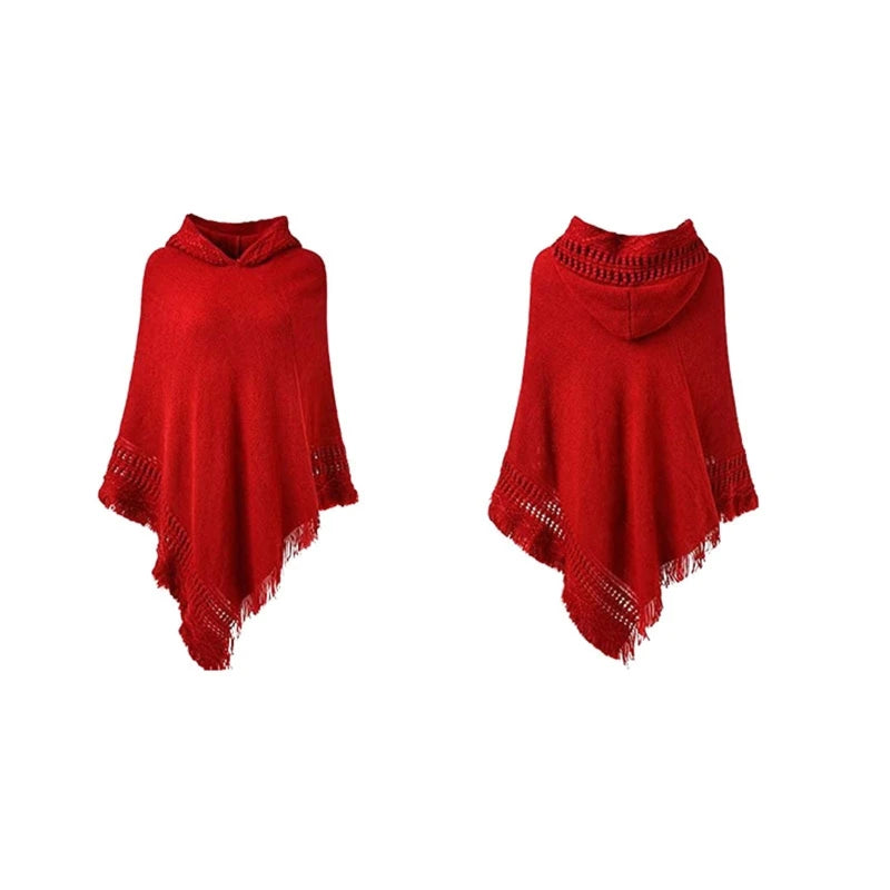 Women Winter Warm Knitted Hooded Poncho Cape Solid Color Crochet Fringed Tassel Shawl Wrap Oversized Pullover Cloak Sweater Top