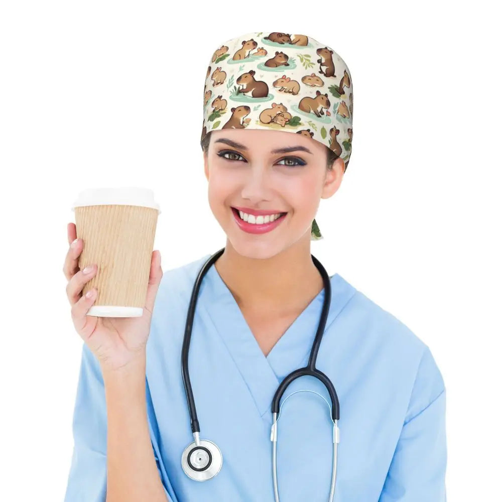 Custom Cartoon Capybara Medical Staff Scrubs Hat Women Men Comic Doctor Nursing Surgical Cap Scrub Caps