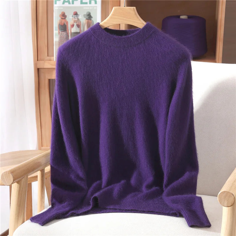 Autumn Winter Sweater Pullover Women's Clothing 100% Mink Cashmere Sweater Pullover O-Neck Basic Long Sleeve Warm Fleece Knitted