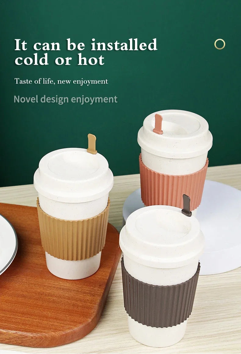 450ML Coffee Cups With Lids Wheat Straw Reusable Portable Coffee Cup Dishwasher Safe Coffee Mug Coffee Tea Travel Cups